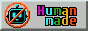  rainbow colored text that says 
                    'human made' with a pixel-art robot crossed out on the left.