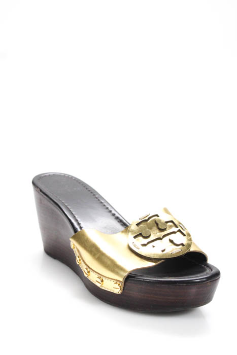 Tory Burch Gold Metallic Patent Leather Slides Platform Wedges Sandals