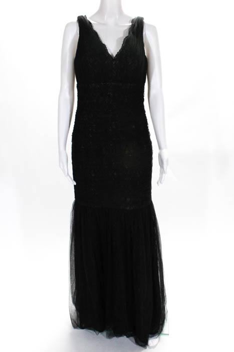 ML Monique Lhuillier Womens Evening Gown Size 8 Black Sleeveless V Neck