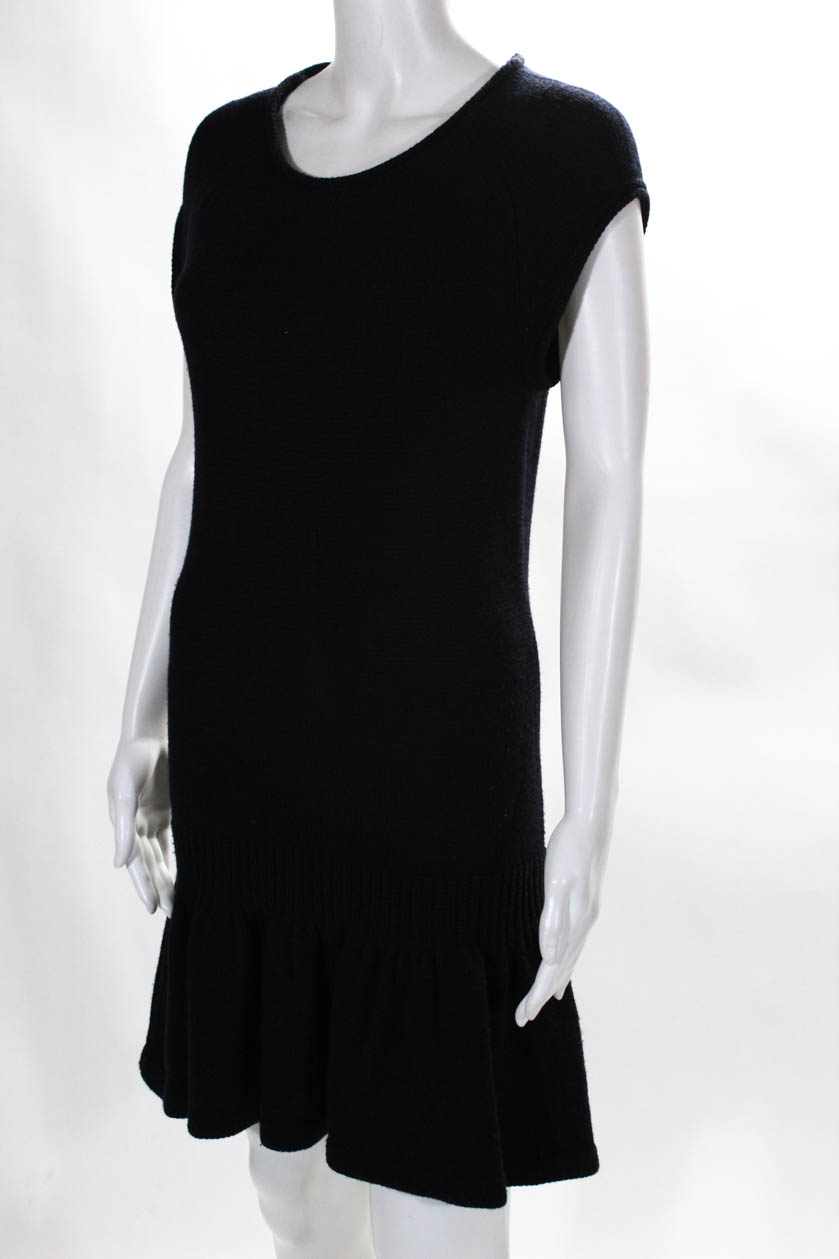 Iisli Womens Sweater Dress Short Sleeve Thick Knit Navy Blue Wool Size