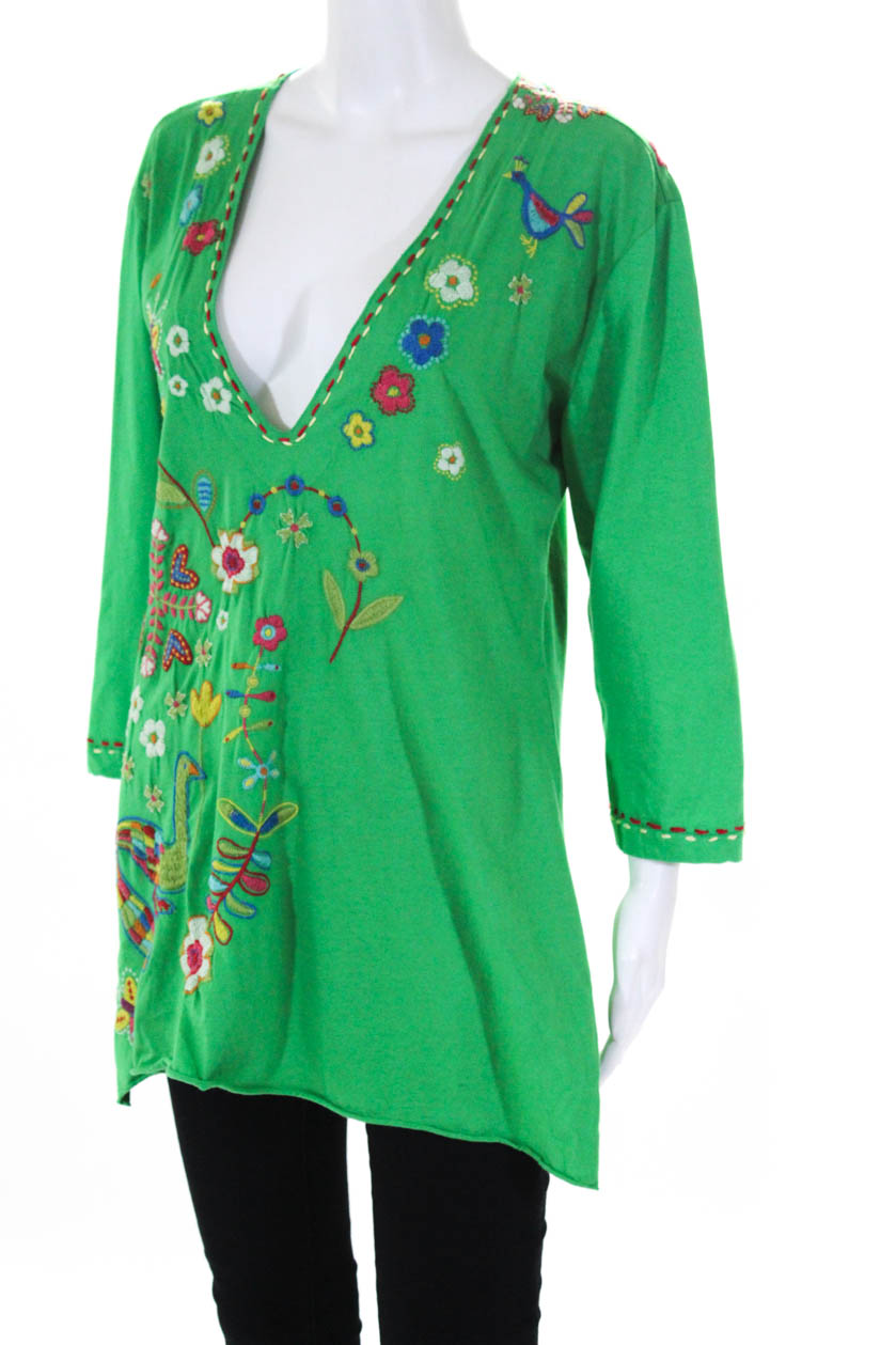 Johnny Was Womens Cotton Embroidered Long Sleeve Tunic Top Green Size ...