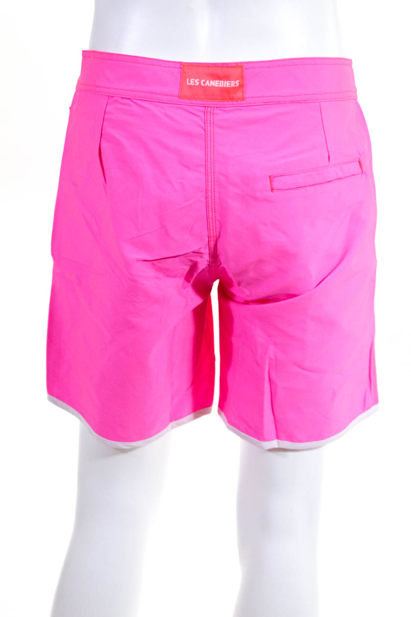 Les Canebiers Mens Uni Patch Tie Front White Trim Swim Trunks Pink Size