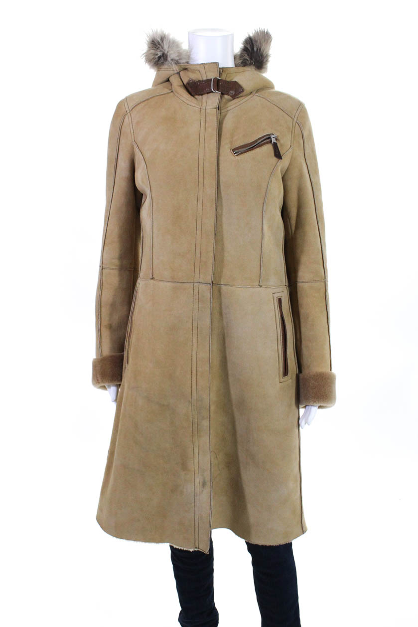 Gimos Womens Zip Up Hooded Jacket Coat Beige Leather Shearling Size ...