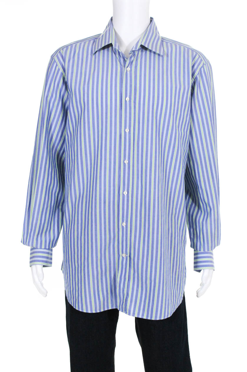 Etro Mens Collared Button Down Shirt Blue Green White Striped Size IT ...