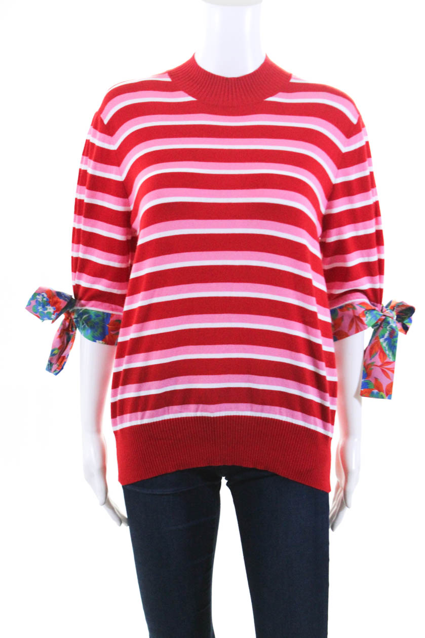 MSGM Womens Mock Turtleneck 3/4 Tie Sleeve Striped Sweater