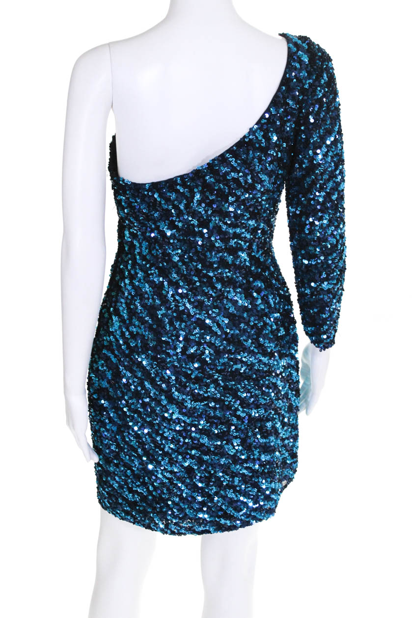Scala Womens Mini One Shoulder Long Sleeve Cocktail Dress Blue Sequin ...