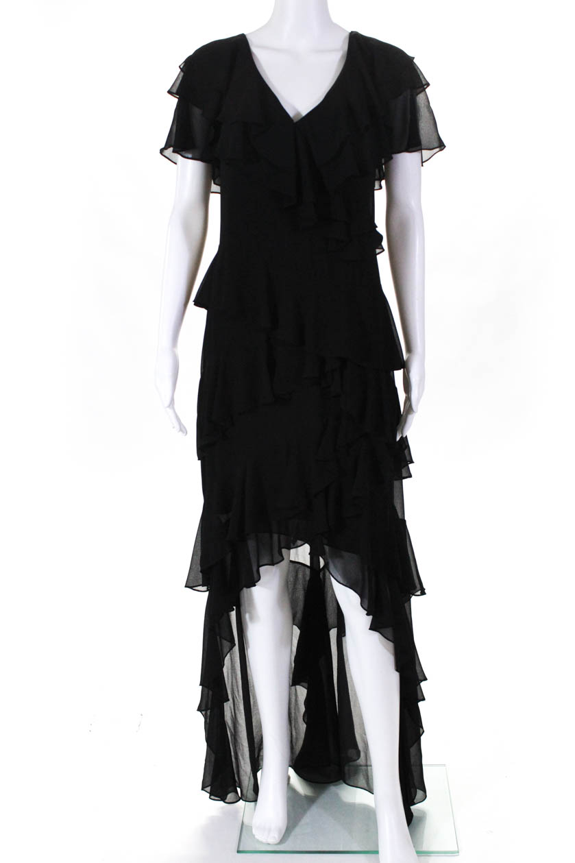 Badgley Mischka Womens Black Ruffle A-Line V-Neck High Low Gown Size 10 ...