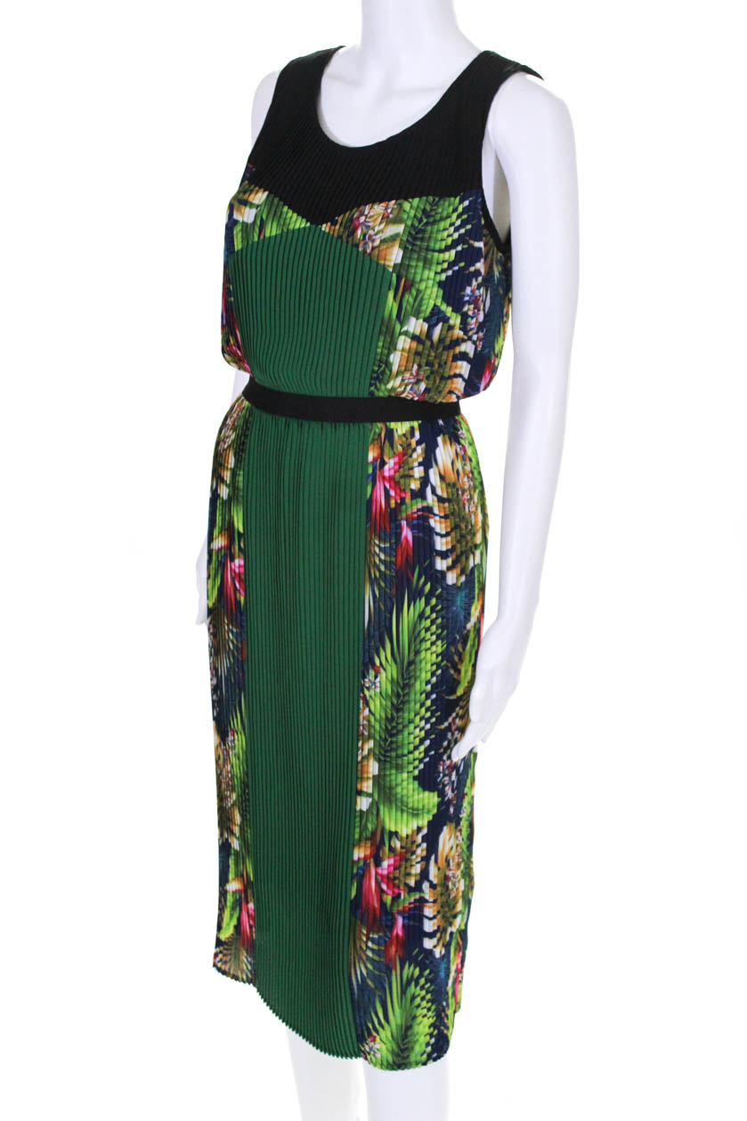 Renuar Womens Mini Pleat Floral Print Scoop Neck A Line Dress Green ...