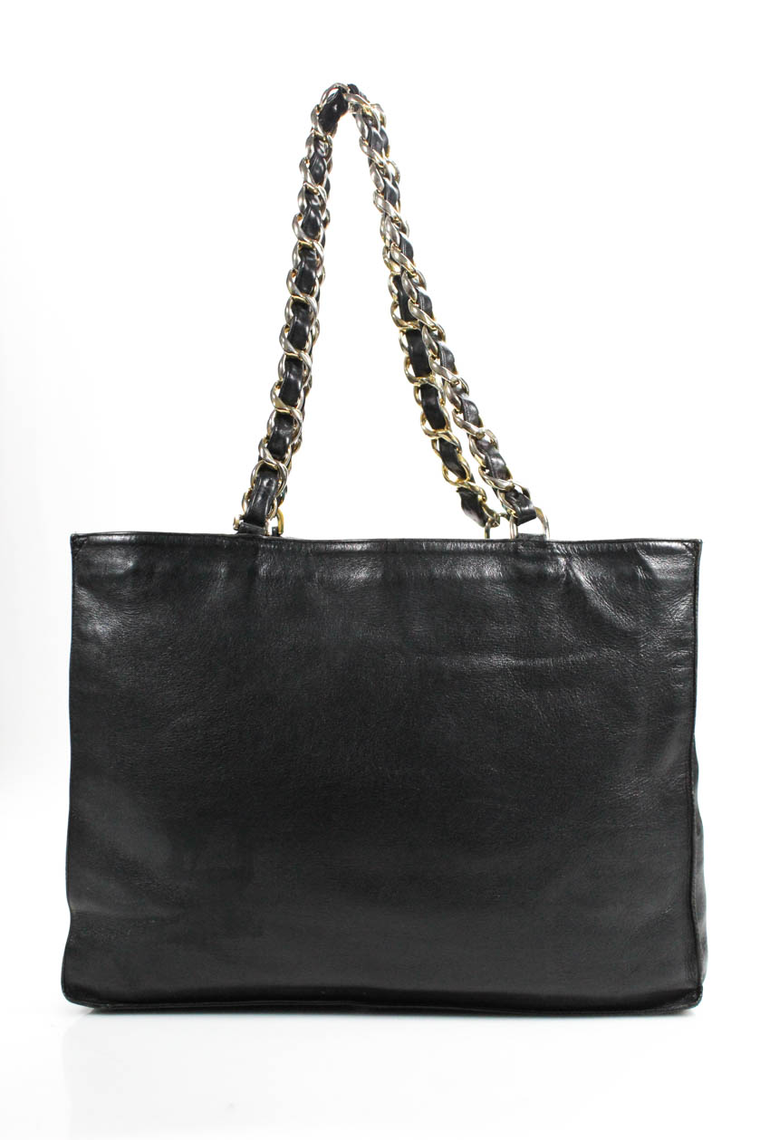 Chanel Vintage Black Leather Dual Chain Link Strap Timeless Tote Handbag | eBay