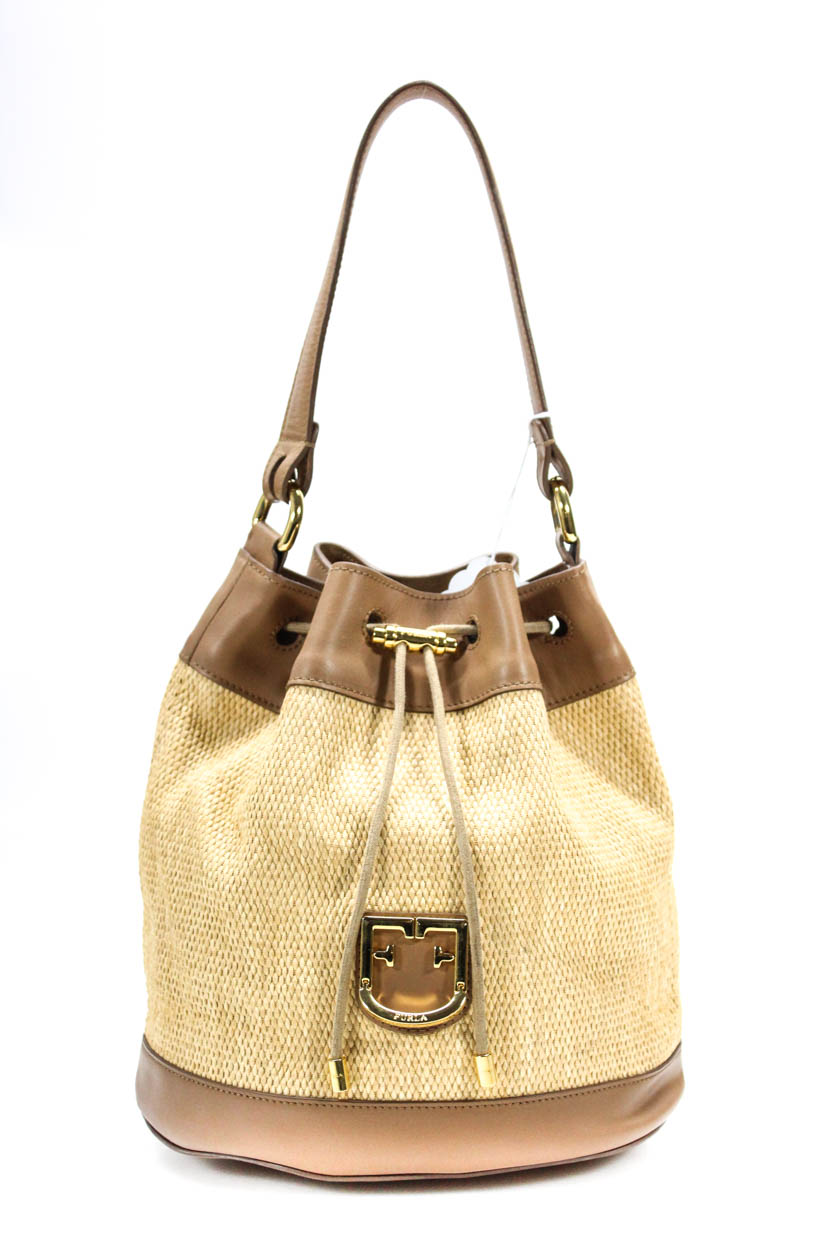 Furla Corona Drawstring Straw Leather Crossbody Bucket Bag Beige Brown ...