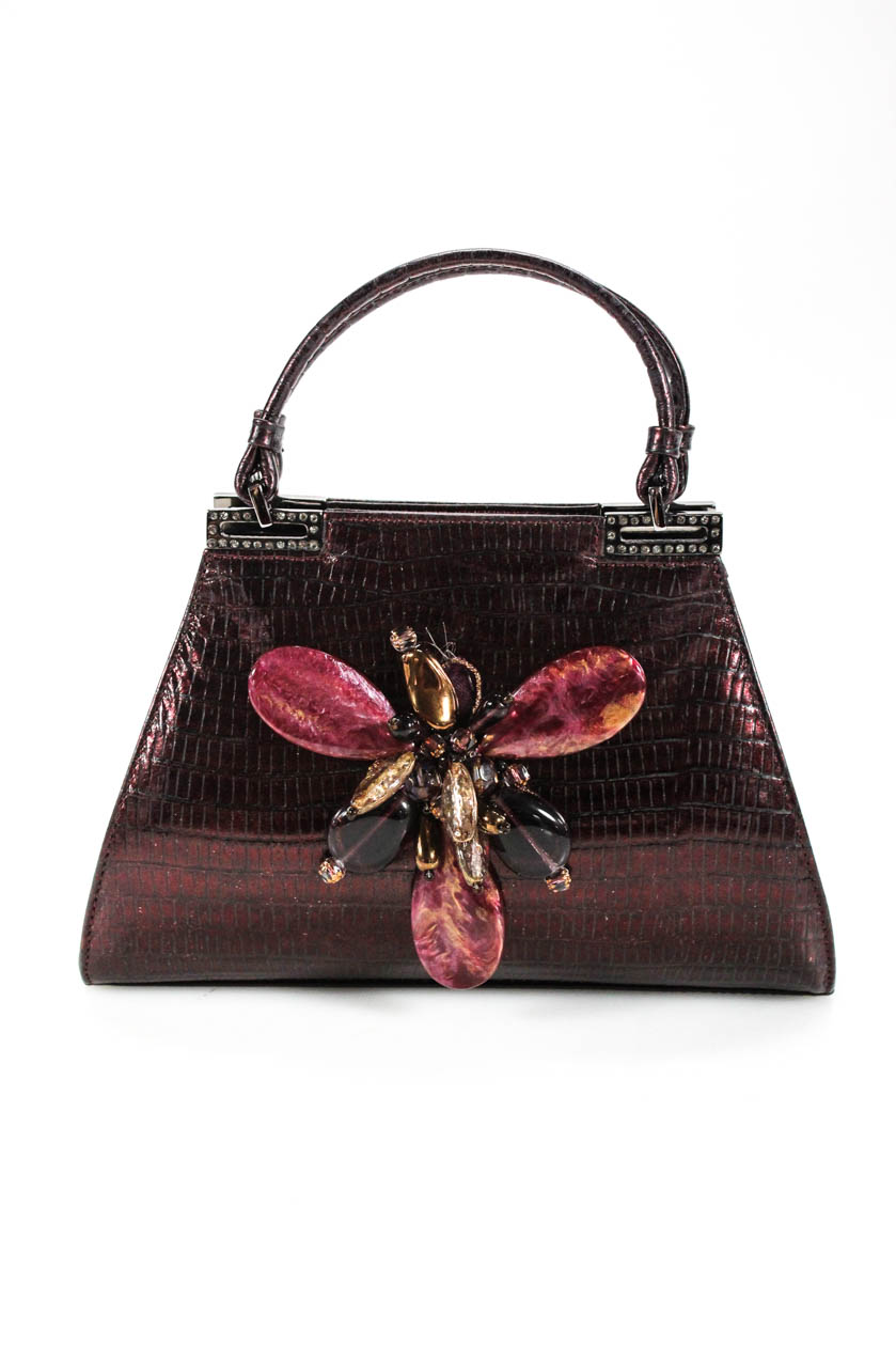 Badgley Mischka Womens Beaded Butterfly Clutch Handbag Purple Leather