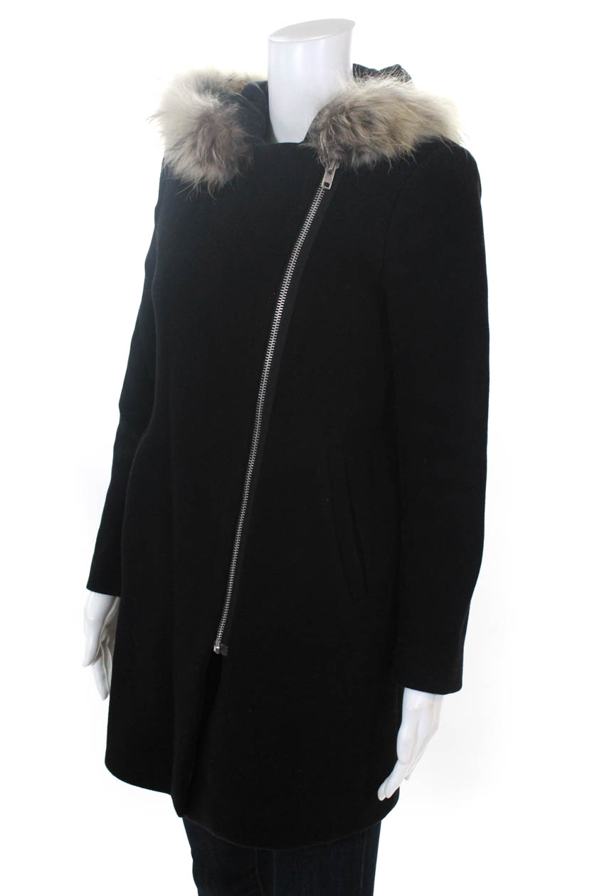 Sandro Womens Asymmetrical Zipper Fur Lined Hood Coat Black Wool ...