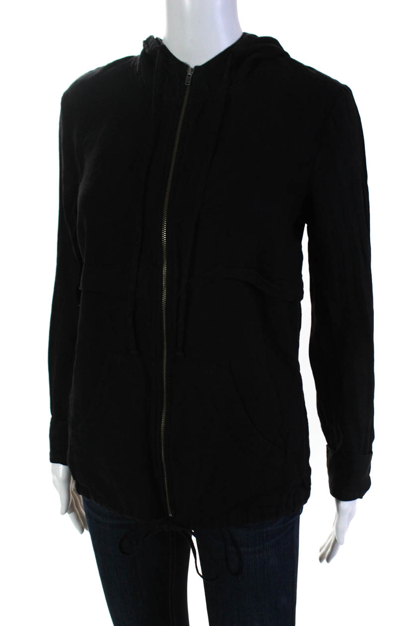 Three Dots Womens Hooded Jacket Black Linen Zip Up Size Extra Small | eBay