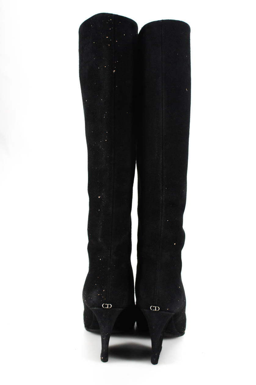 Christian Dior Womens Slim Heel Knee High Boots Black Suede Size 39 9 