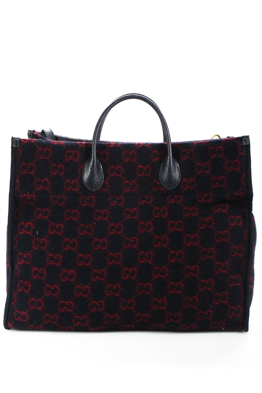 Gucci 2020 GG Logo Print Tote Bag Purse Navy Blue Red Brushed Wool | eBay