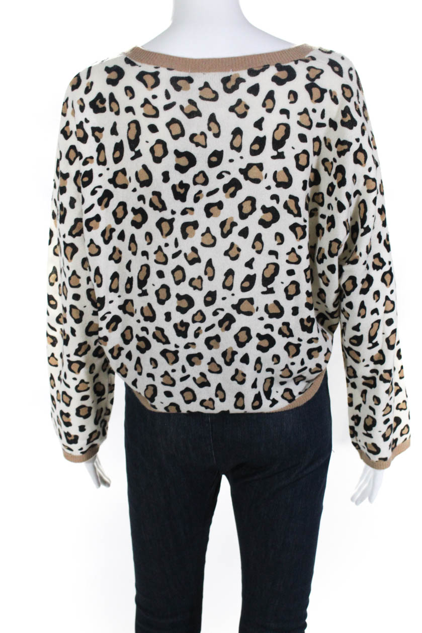 Brodie Womens Cashmere Leopard Print Cropped Sweater White Brown Size ...