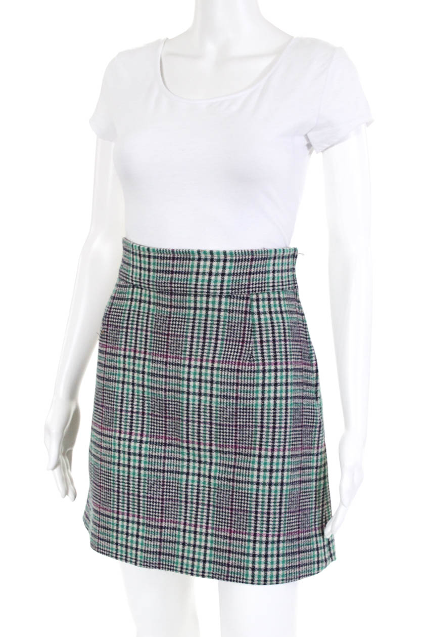 Sandro Womens Plaid A Line Mini Skirt Green Pink Wool Size 3 | eBay