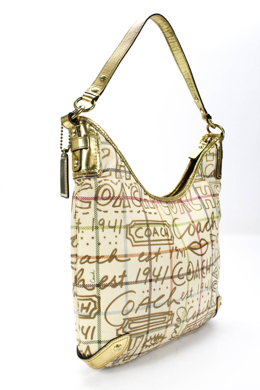 Coach Womens Metallic Gold Trim Plaid Shoulder Hobo Handbag Ivory