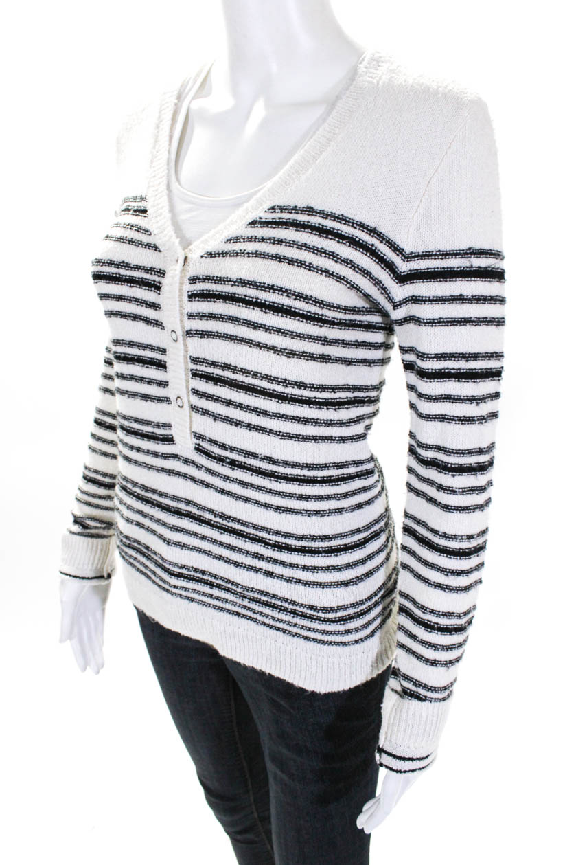 Lilla P Womens Long Sleeve Striped Henley V Neck Sweater White Size ...
