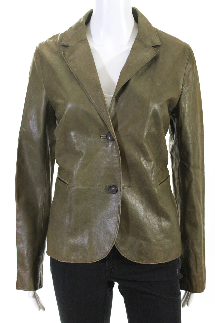 Vince Womens Leather Two Button Blazer Jacket Olive Green Size 10 | eBay