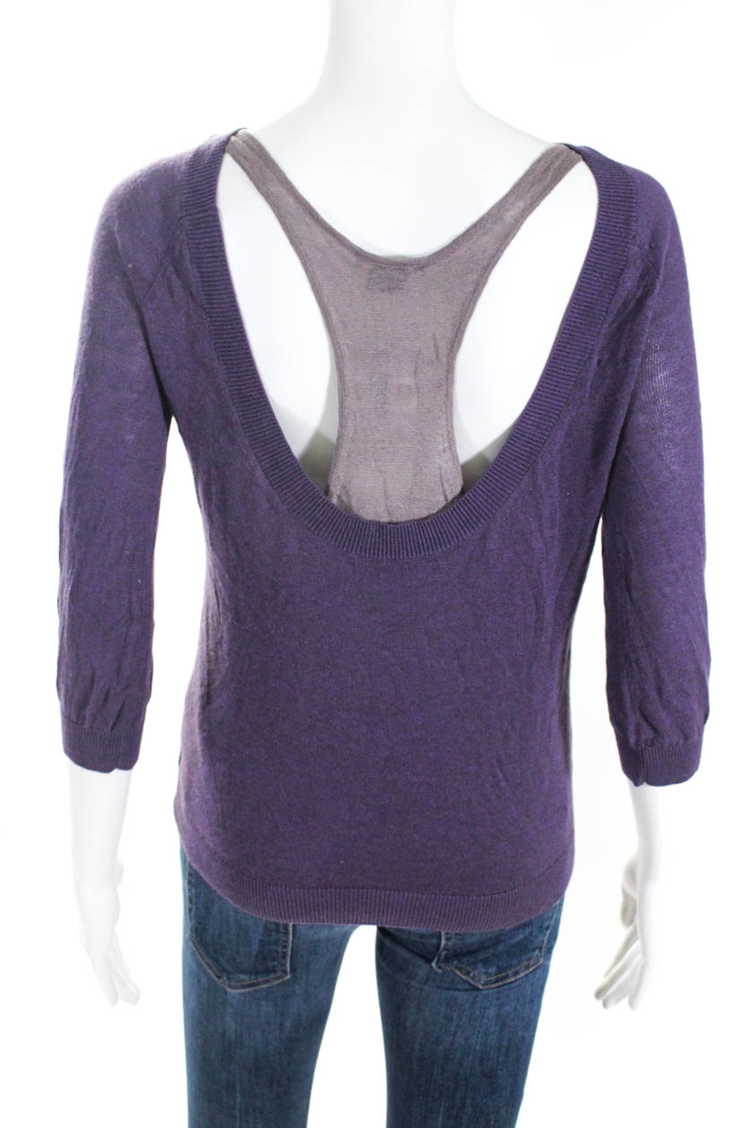 Theory Womens 3/4 Sleeve Crew Neck Thin Knit Sweater Purple Cotton Size ...