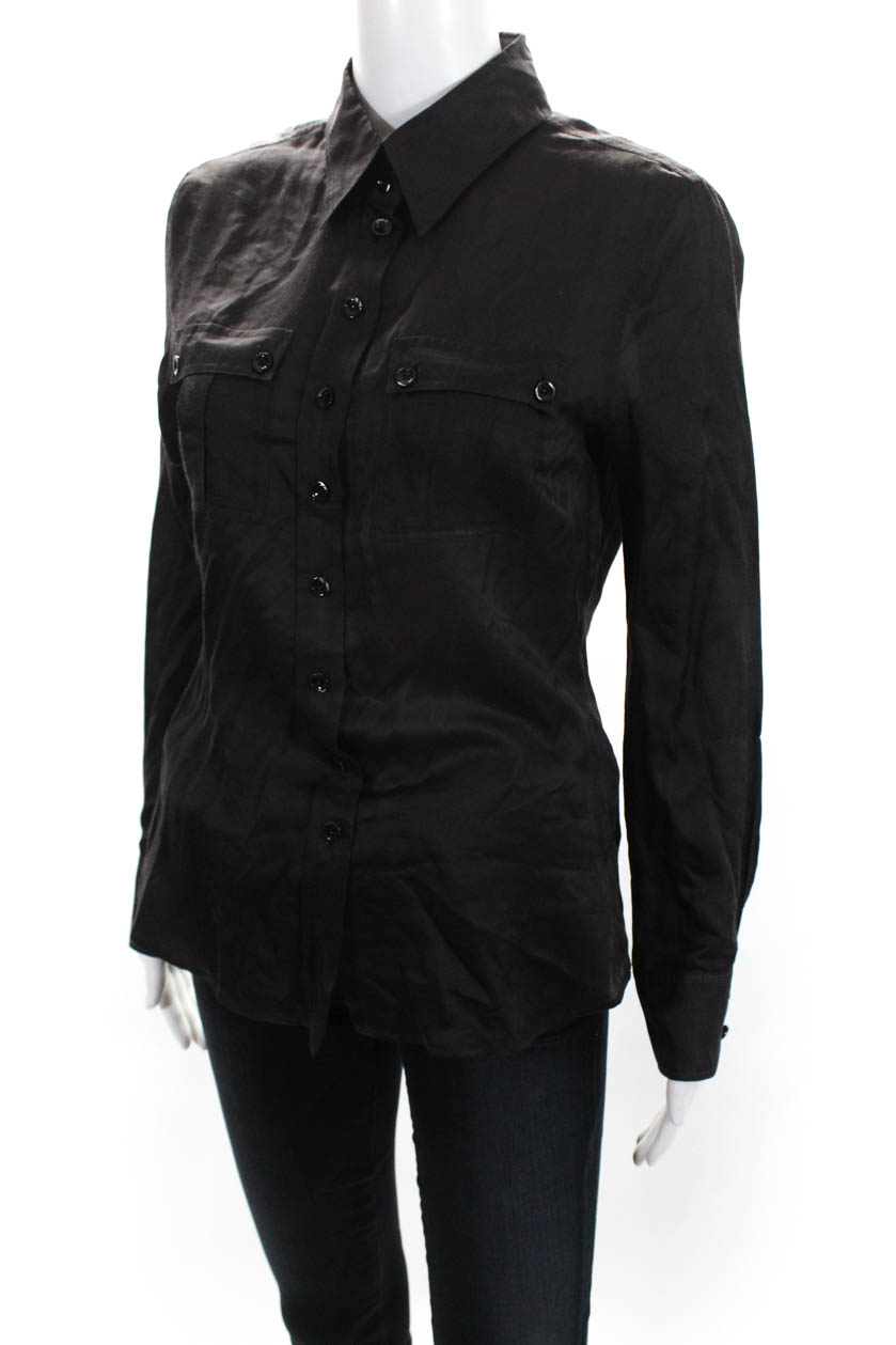 Strenesse Womens Long Sleeve Button Down Collared Shirt Black Silk Size ...
