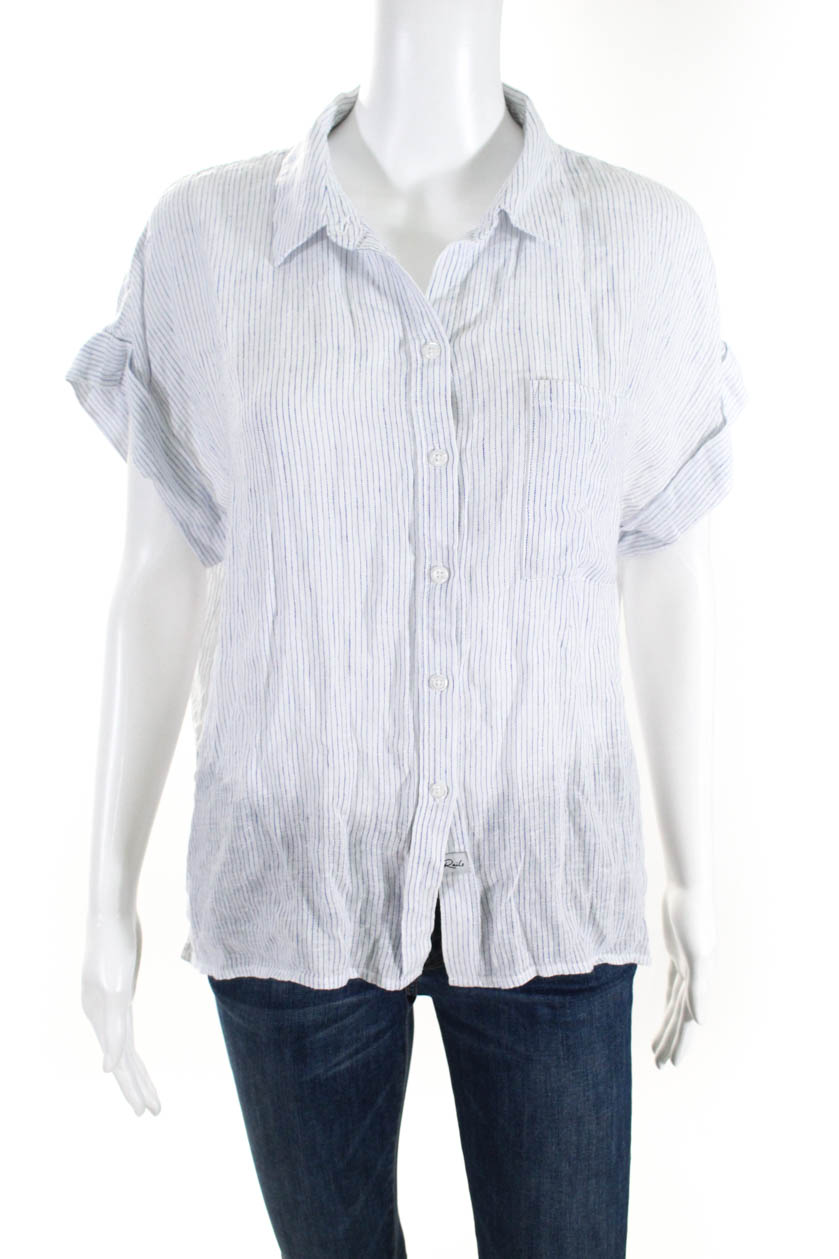 Rails Womens Short Sleeve Pinstripe Button Down Shirt White Linen Size ...