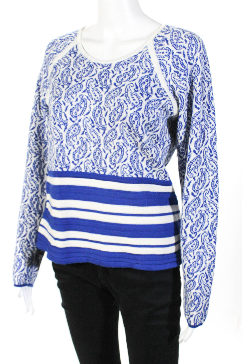 Yigal Azrouel Womens Paisley Print Crew Neck Sweater Blue White Wool Size Large | eBay