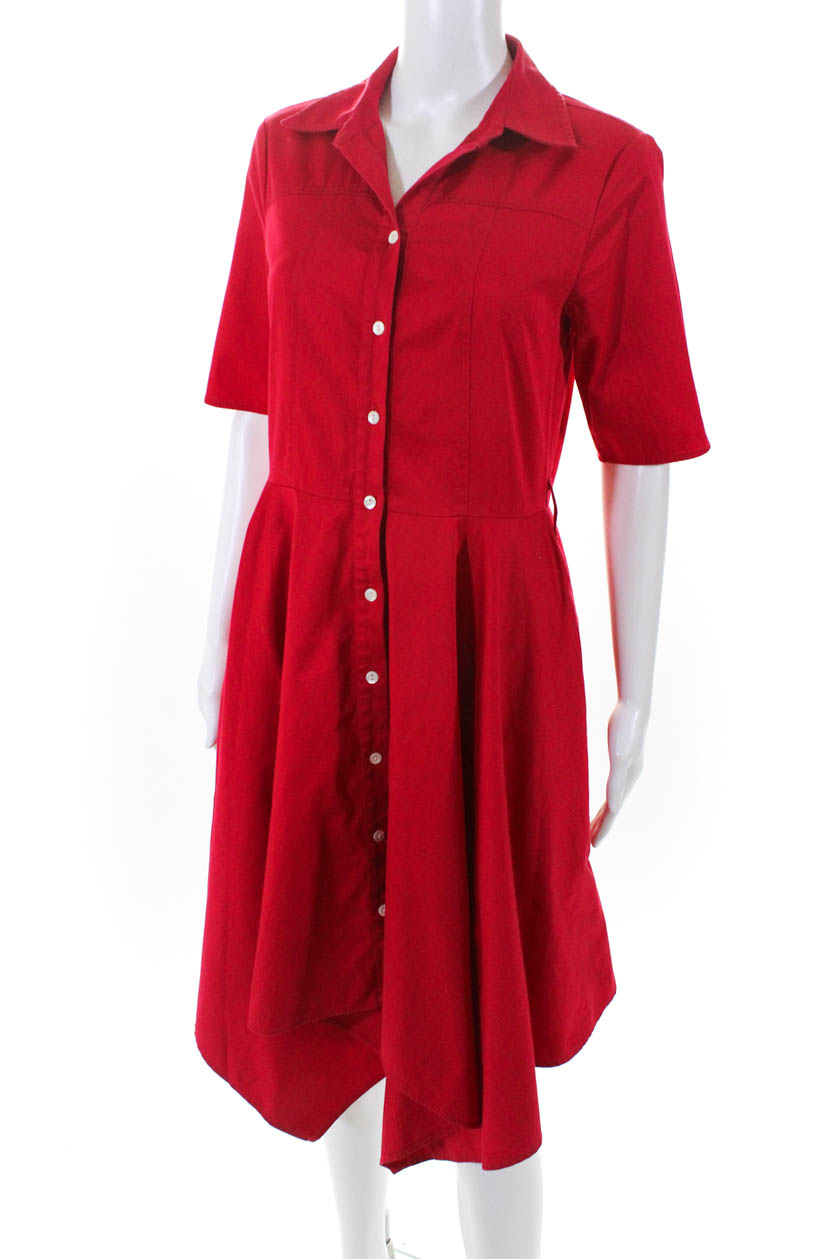 short sleeve red button up shirt outfit women