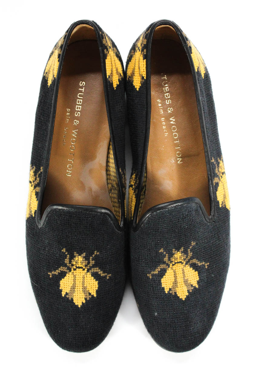 Stubbs & Wootton Womens Bumble Bee Needlepoint Loafers Black Size 8.5