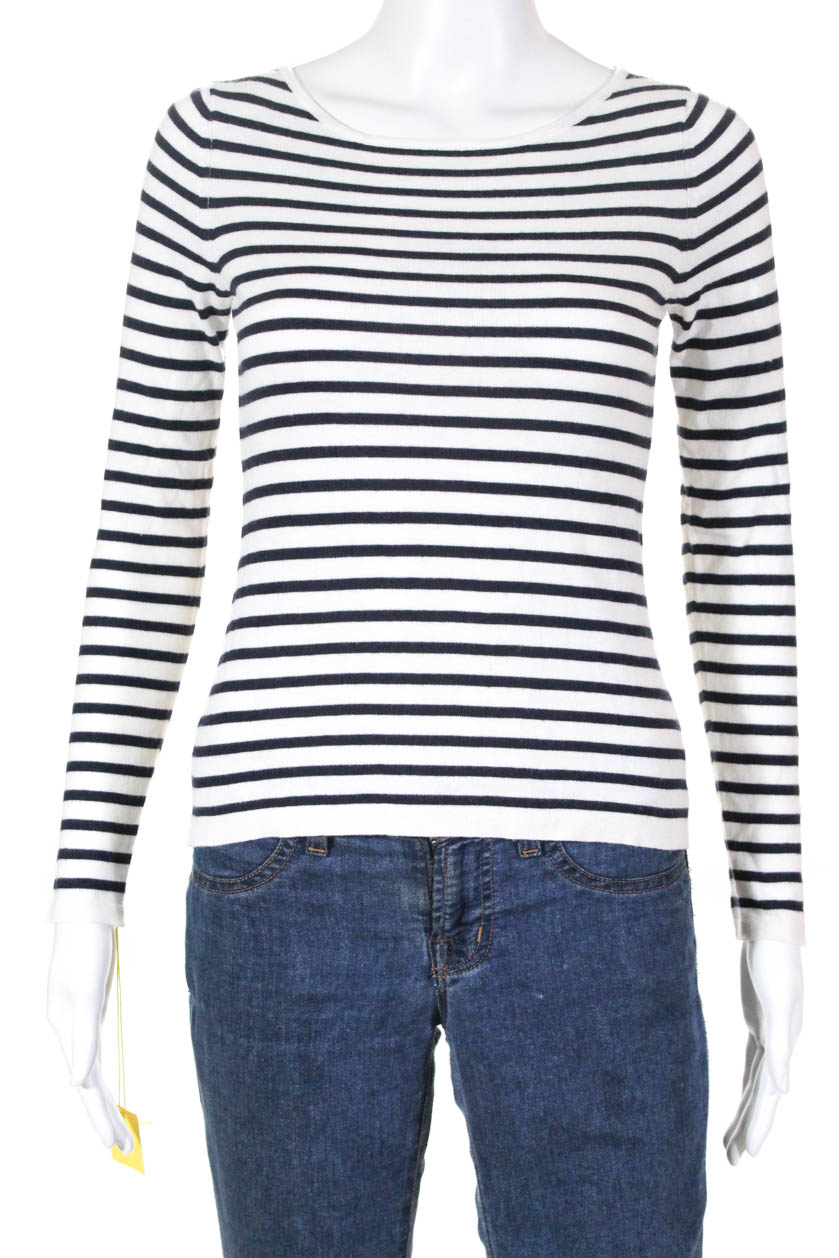 Kinross Womens Cotton Long Sleeve Striped Sweater White Navy Blue Size