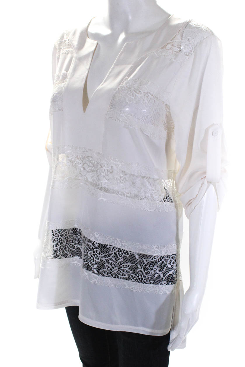 BCBGMAXAZRIA Womens Lace Trim V Neck High Low Top White Silk Size Medium | eBay