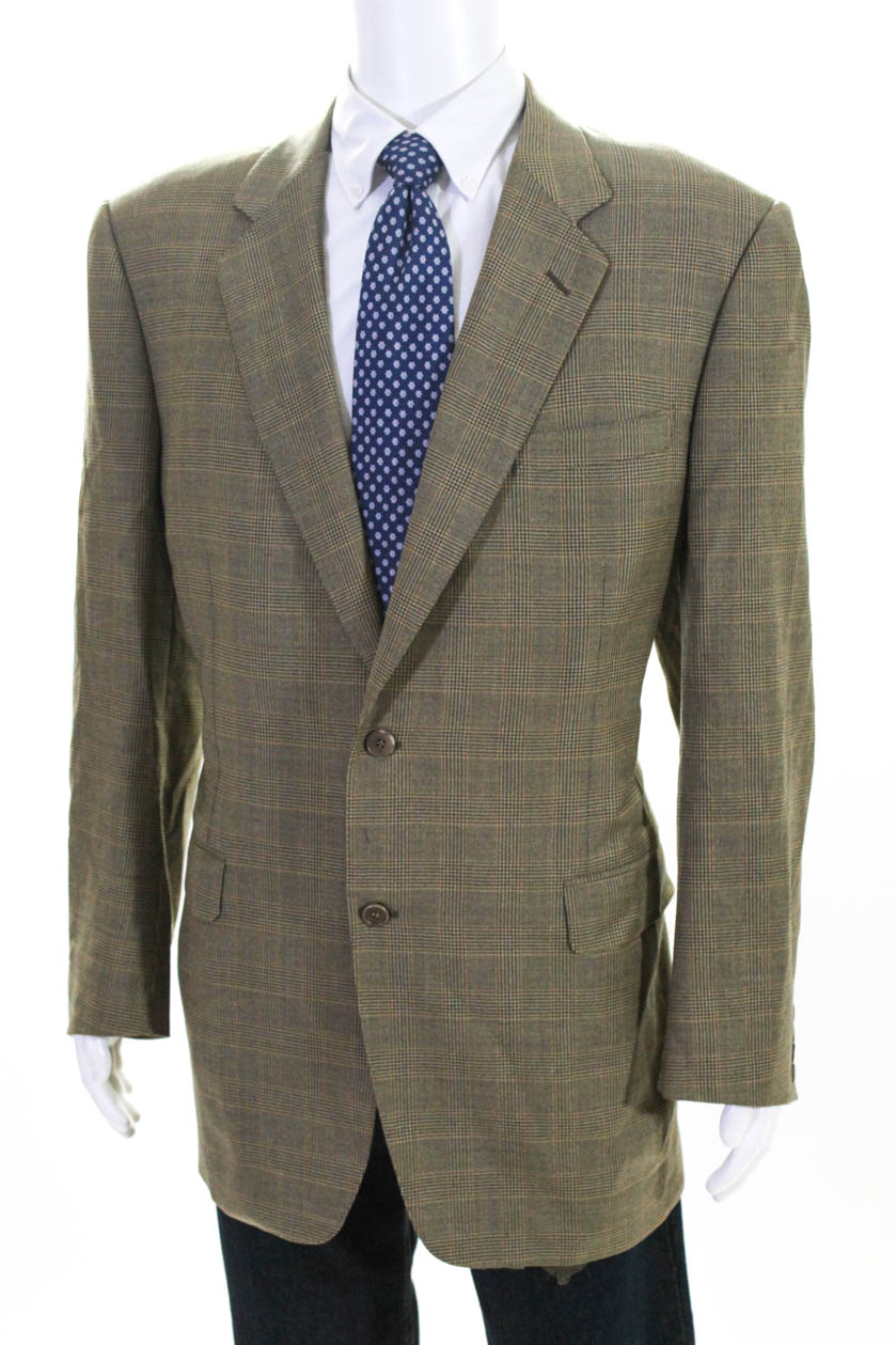 Canali Mens Two Button Up Wool Plaid Blazer Suit Jacket Beige Size 56L ...