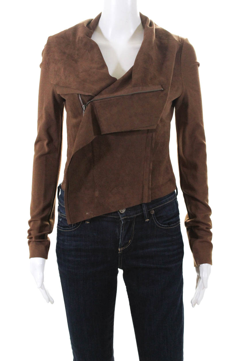 BCBGMAXAZRIA Womens Full Zip Collared V Neck Faux Suede Jacket Brown ...