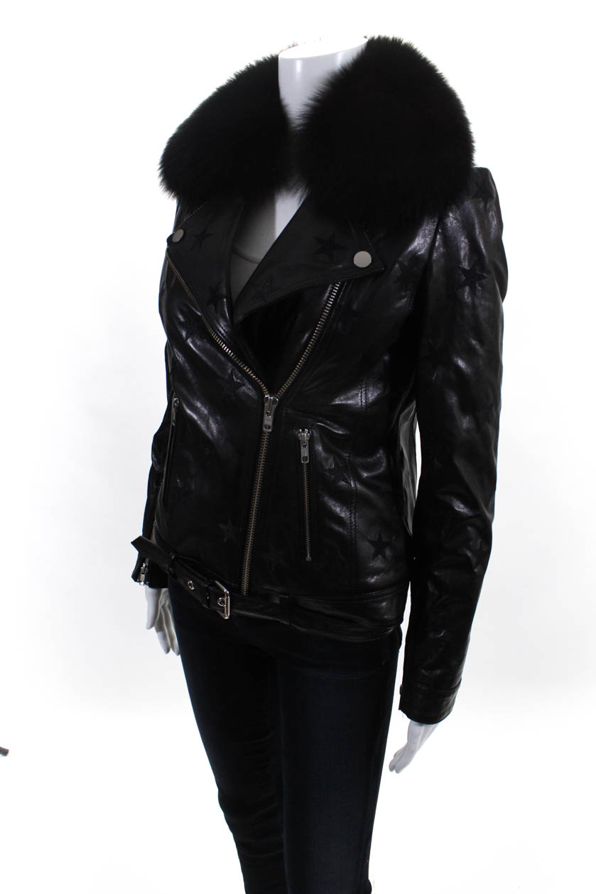 Samantha Sipos Womens Zip Up Fox Fur Leather Star Jacket Black Size