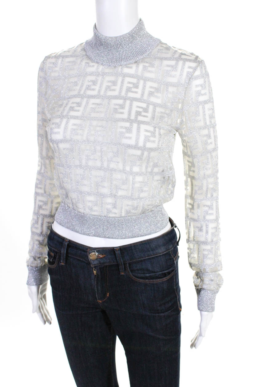 Fendi Womens Cropped Mock Neck Sweater Silver Size 40 Italian | eBay