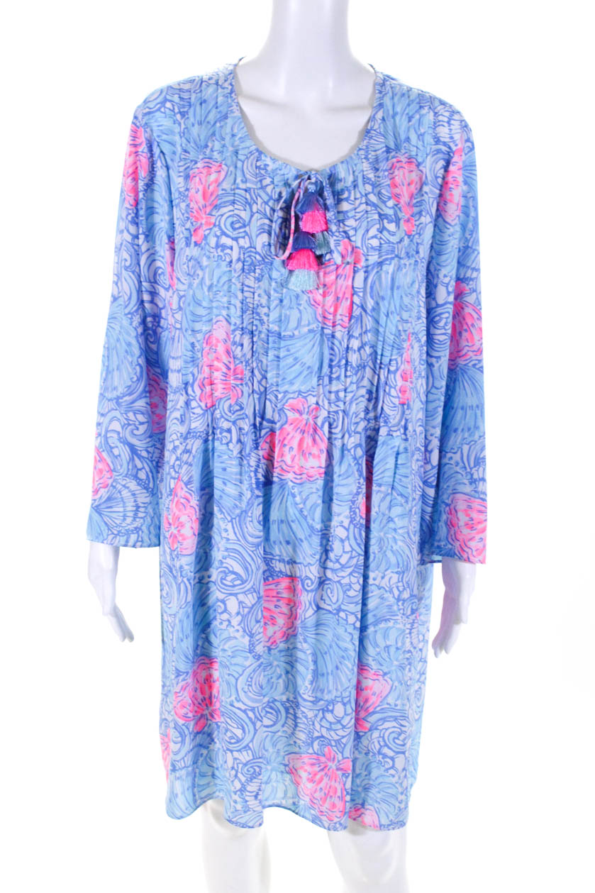 Lilly Pulitzer Womens Pintuck Y Neck Seashell Shift Dress Blue Size ...