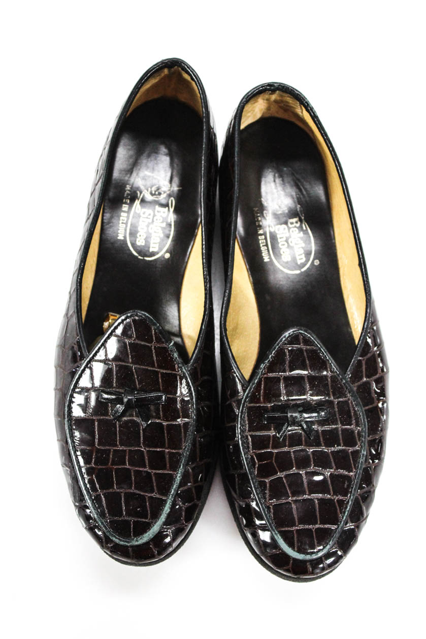 Belgian Shoes Womens Embossed Patent Leather Loafers Brown