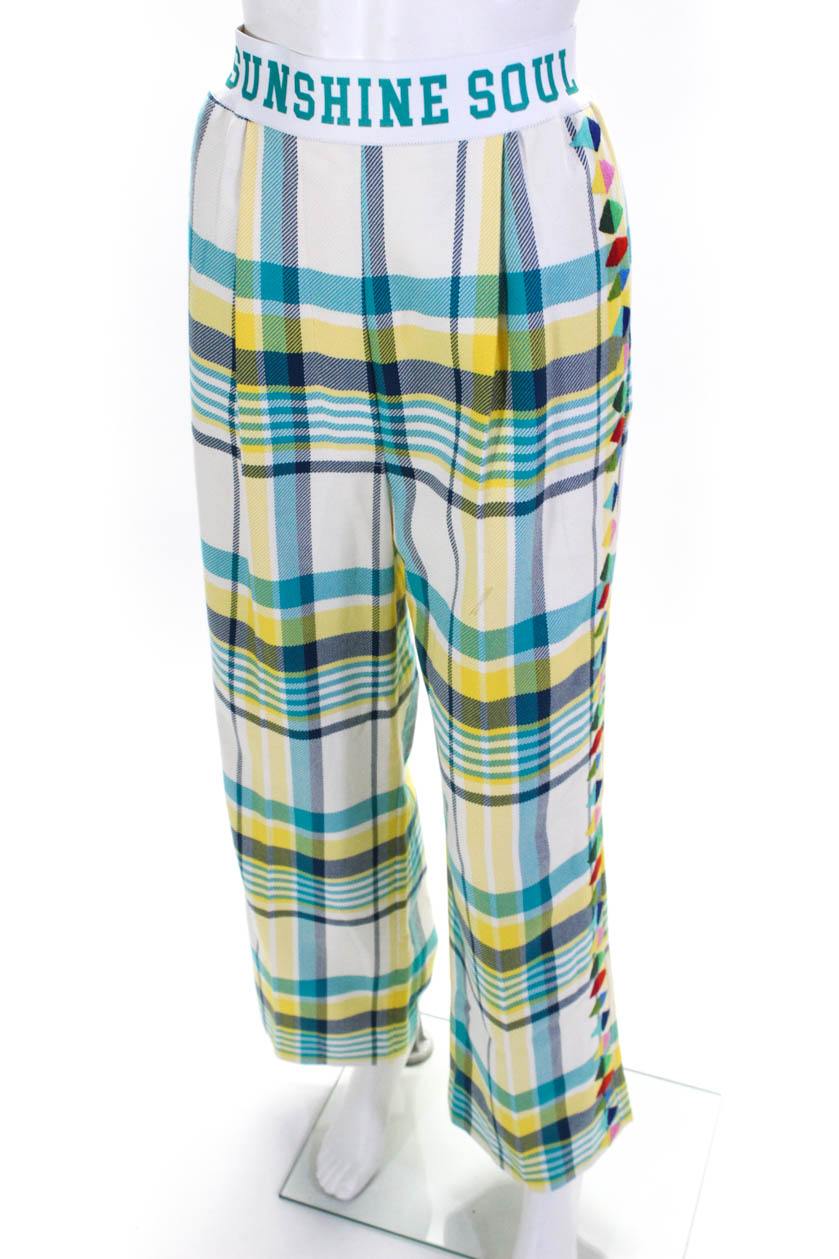 blue and yellow plaid pants