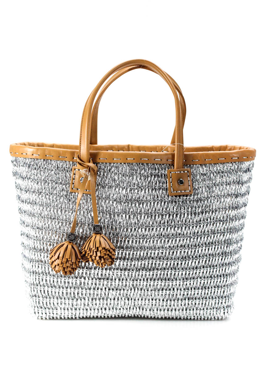 Tory Burch Straw Woven Open Tote Handbag Brown Silver | eBay