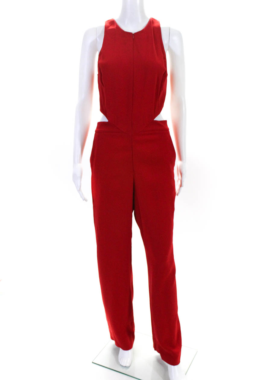 ALC Womens Front Zip Cut Out Scoop Neck Straight Leg Jumpsuit Red Size ...