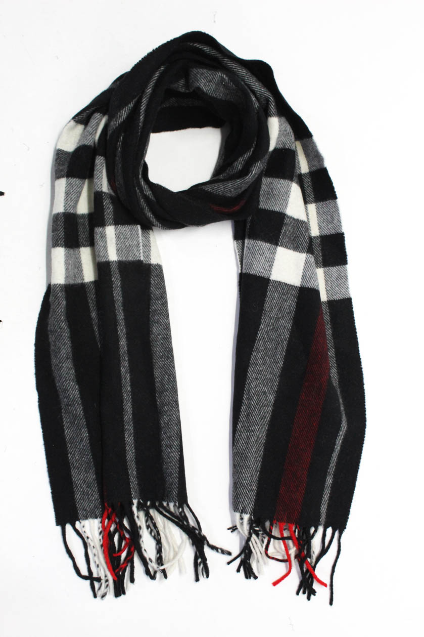Burberry Womens Wool Cashmere Check Printed 70X12 Scarf Black Red White | eBay