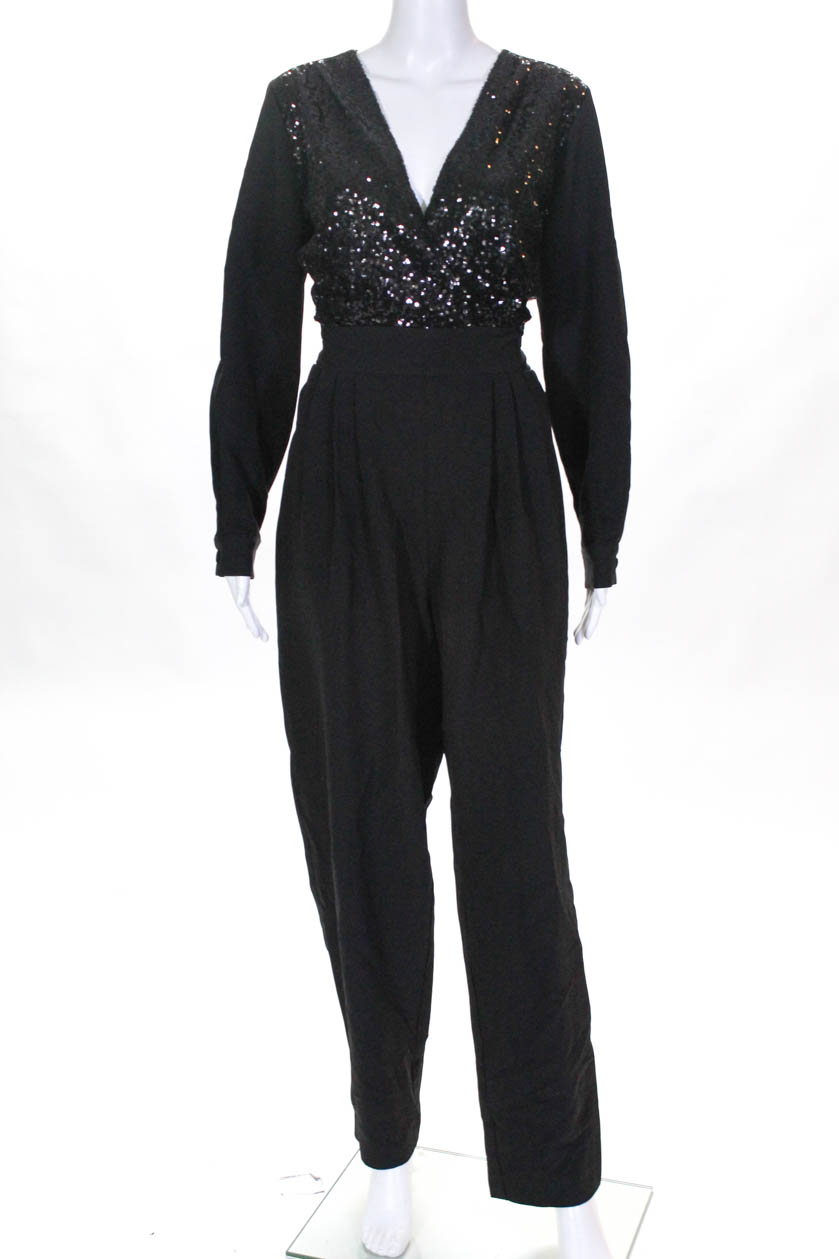 Lini Womens Long Sleeve Sequin V Neck Jumpsuit Black Size Medium | eBay