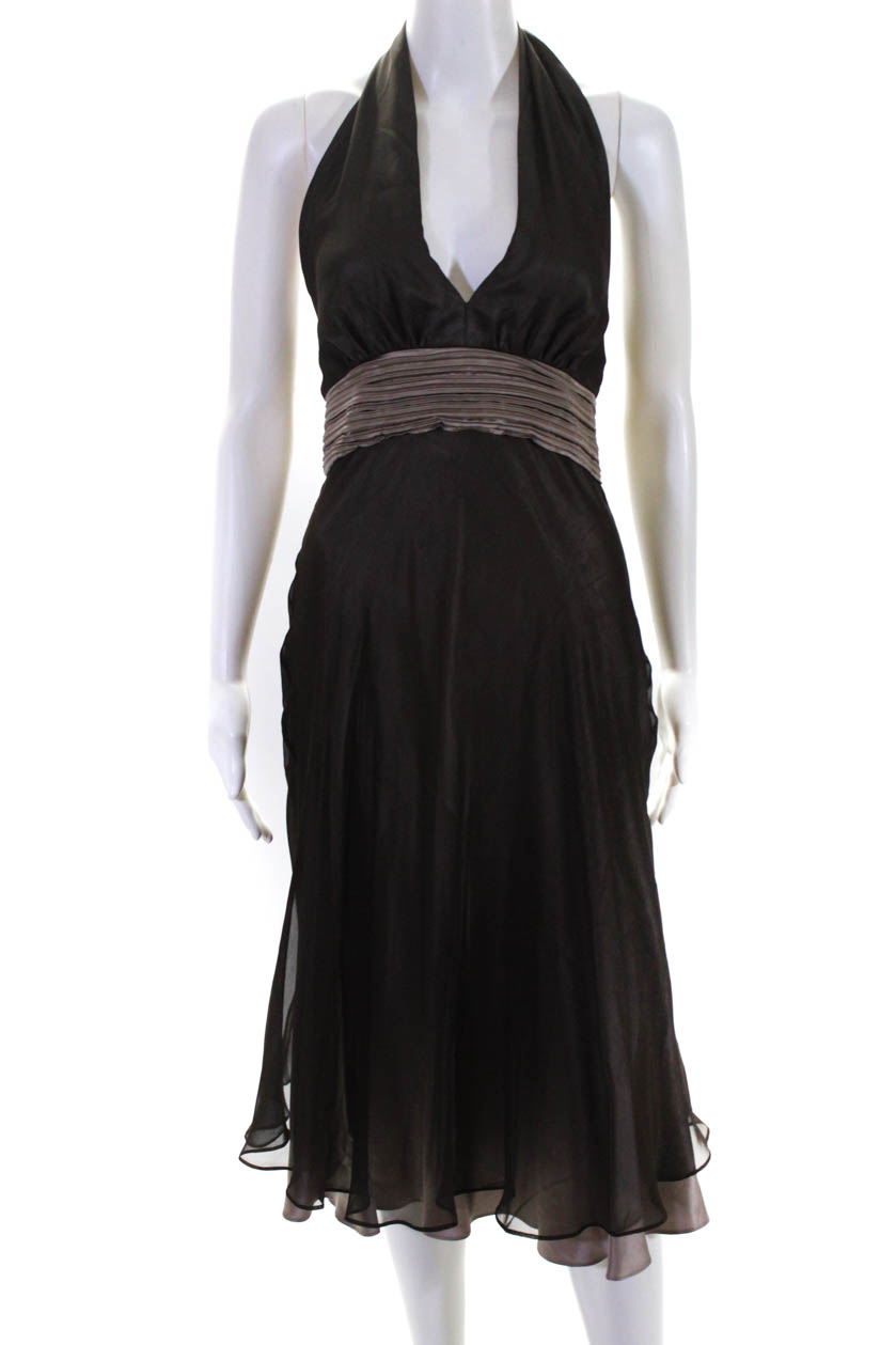 Jenny Yoo Womens Sleeveless Halter Silk A-Line Midi Dress Brown Size 8 ...
