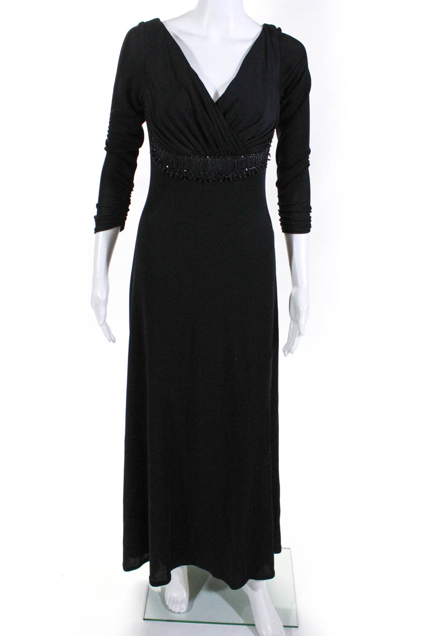 Tadashi Womens Beaded V Neck Long Sleeve Evening Gown Black Size Large ...