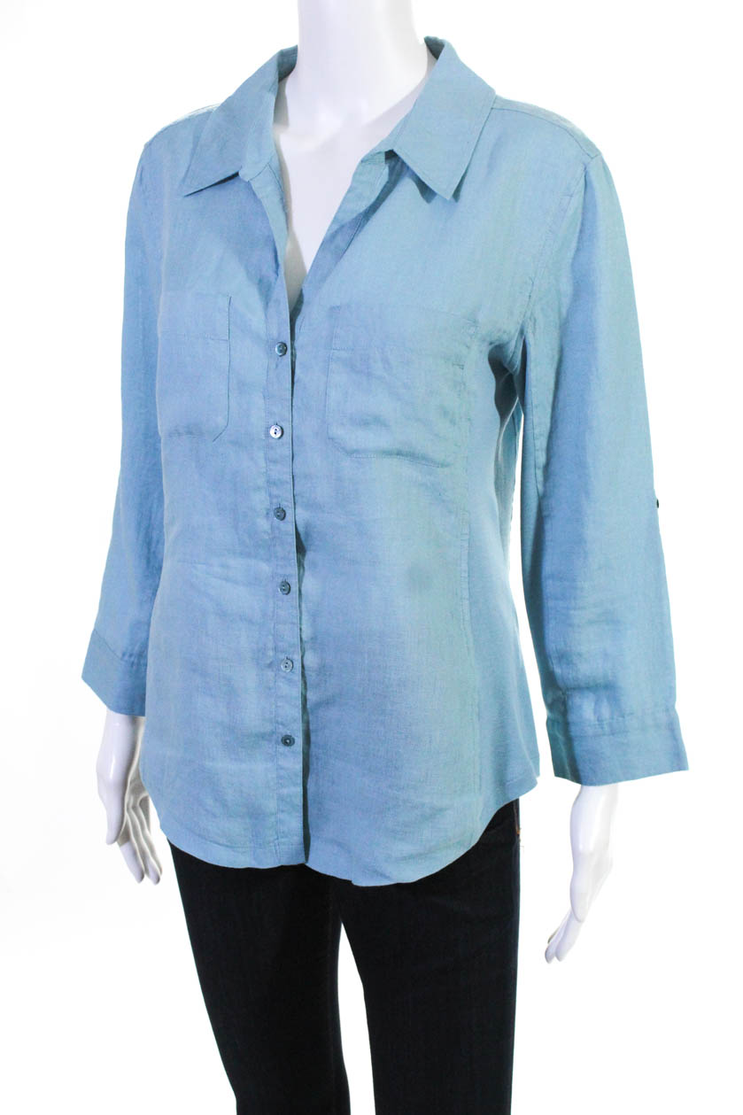 Eileen Fisher Womens Organic Organic Linen Button Down Shirt Blue Size ...