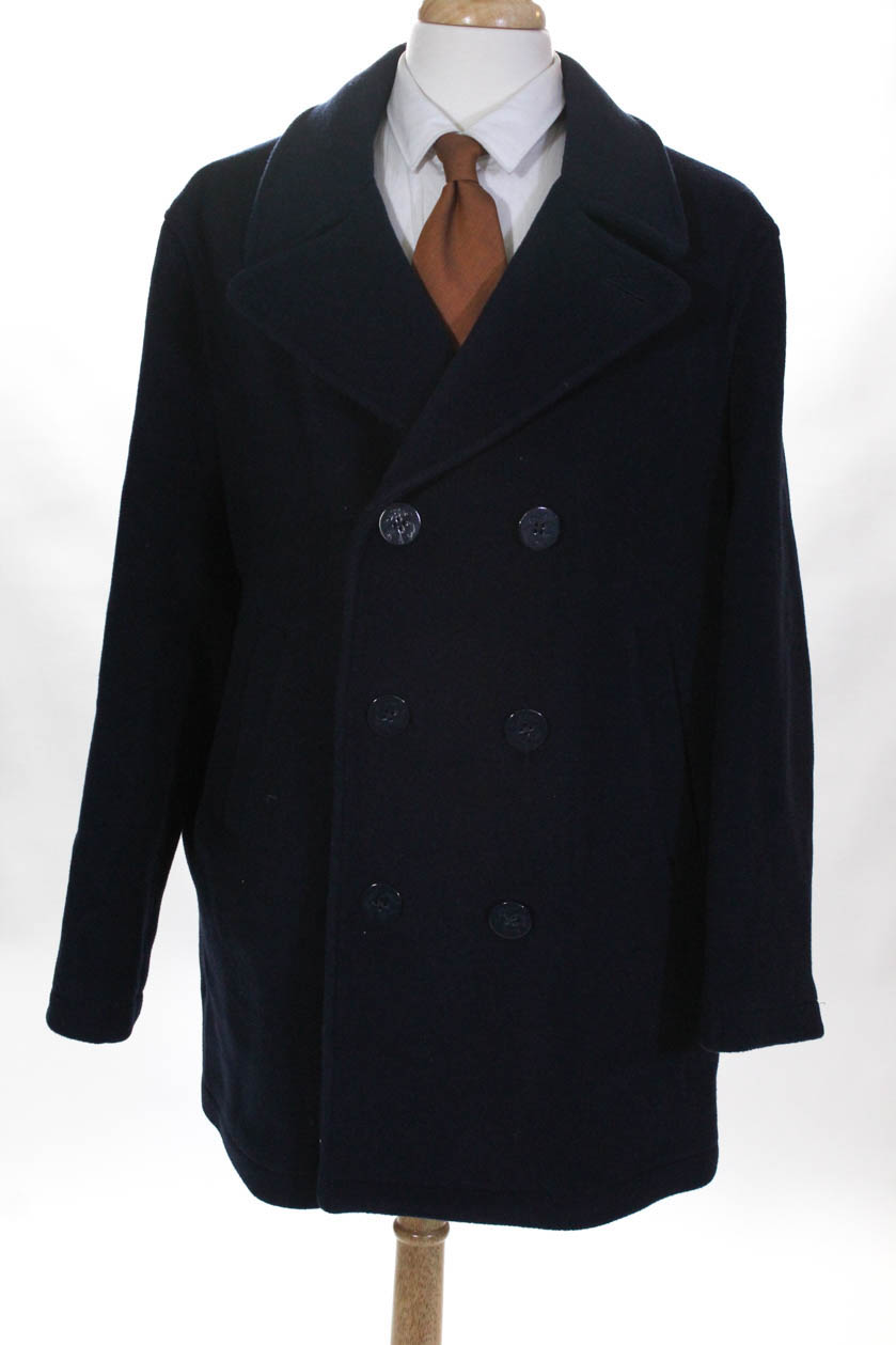 Brooks Brothers Mens Wool Full Length Pea Coat Navy Blue Size Large | eBay