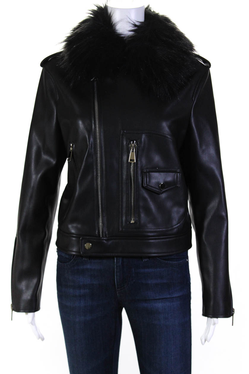 Ava/Kris Womens Faux Leather Faux Fur Motorcycle Jacket Black Size