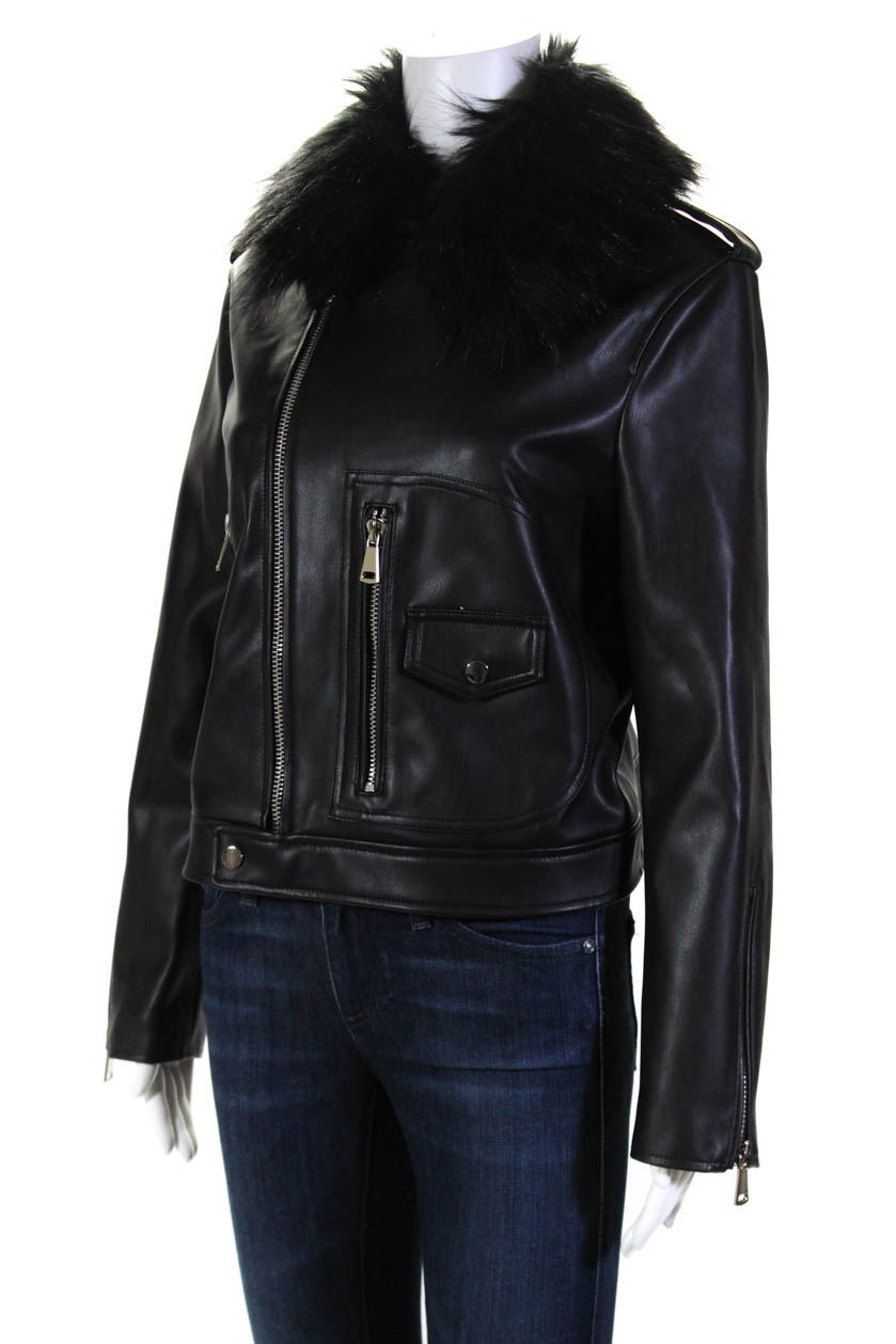 Ava/Kris Womens Faux Leather Faux Fur Motorcycle Jacket Black Size