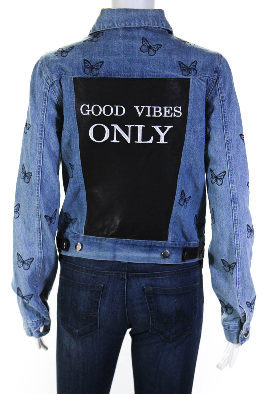 Samantha Sipos Womens Good Vibes Only Denim Jacket Blue Black Size S